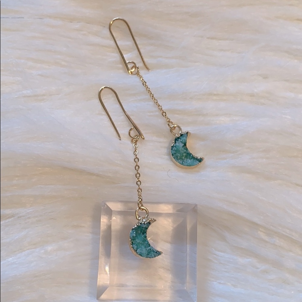 Boho green moon druzy earrings